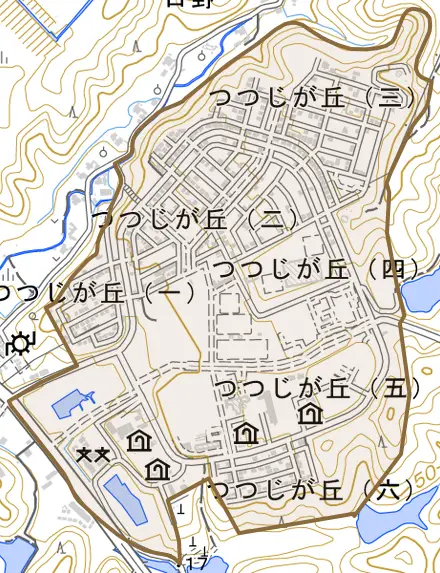 つつじが丘とその周辺の地図。町の範囲を重ねている