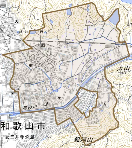 内原とその周辺の地図。町の範囲を重ねている