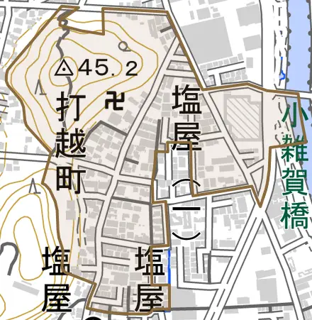 打越町とその周辺の地図。町の範囲を重ねている