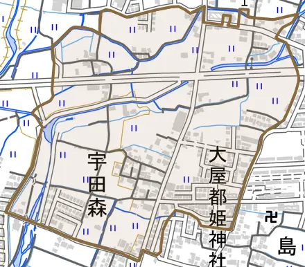 宇田森とその周辺の地図。町の範囲を重ねている