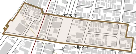 植松丁とその周辺の地図。町の範囲を重ねている