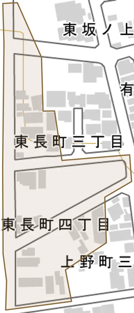 上野町とその周辺の地図。町の範囲を重ねている