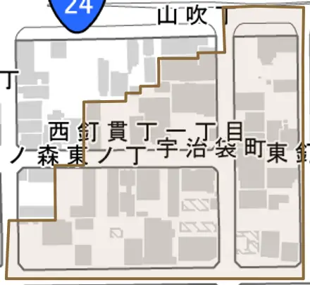 宇治袋町とその周辺の地図。町の範囲を重ねている