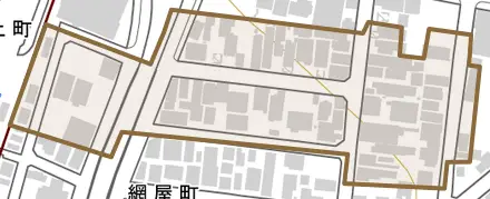 上町とその周辺の地図。町の範囲を重ねている