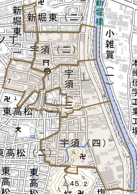 宇須とその周辺の地図。町の範囲を重ねている