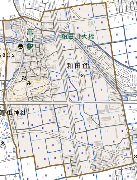 和田とその周辺の地図。町の範囲を重ねている