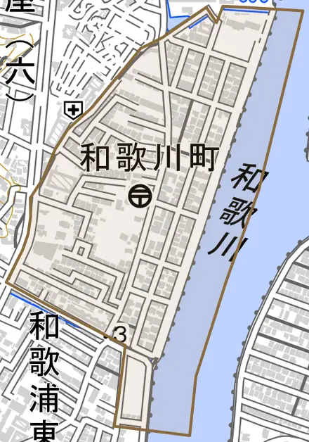 和歌川町とその周辺の地図。町の範囲を重ねている