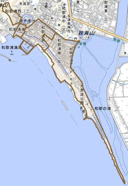 和歌浦南とその周辺の地図。町の範囲を重ねている