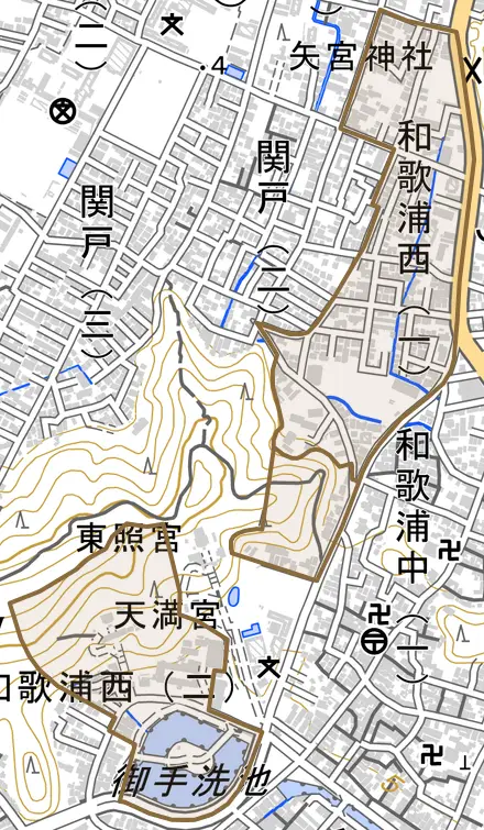 和歌浦西とその周辺の地図。町の範囲を重ねている