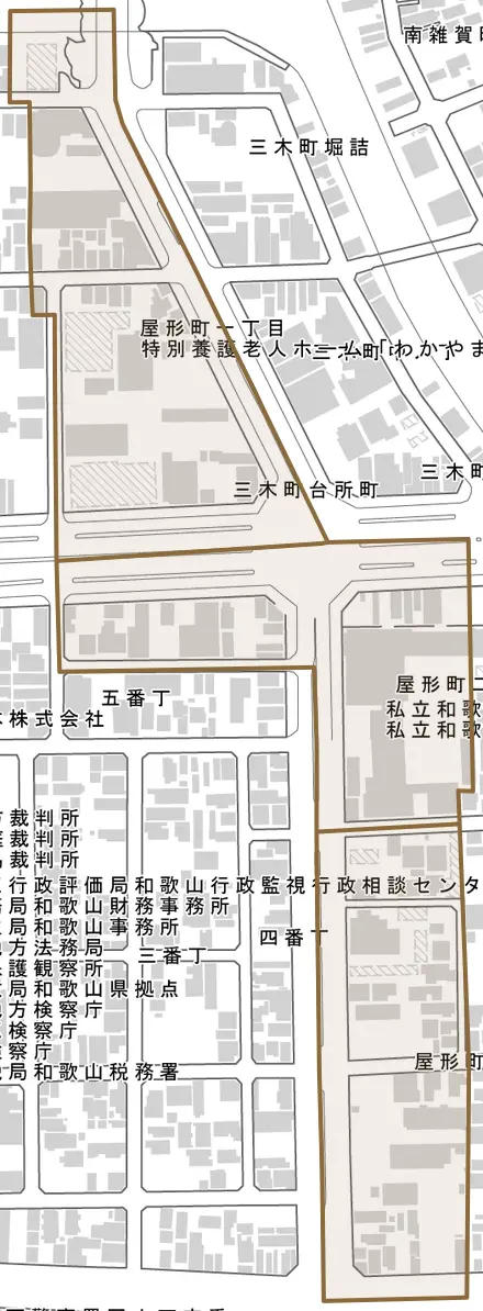 屋形町とその周辺の地図。町の範囲を重ねている