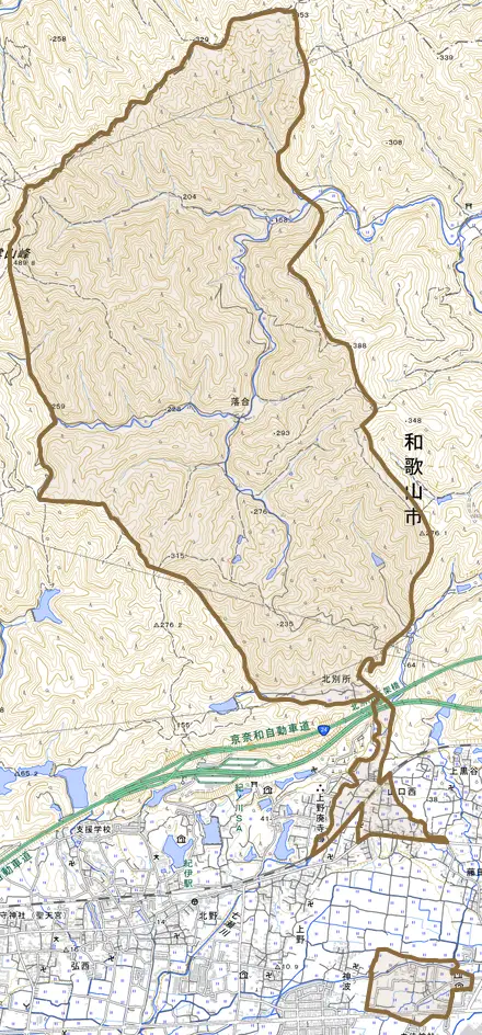 山口西とその周辺の地図。町の範囲を重ねている