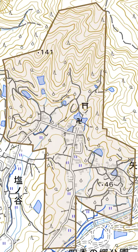 矢田とその周辺の地図。町の範囲を重ねている