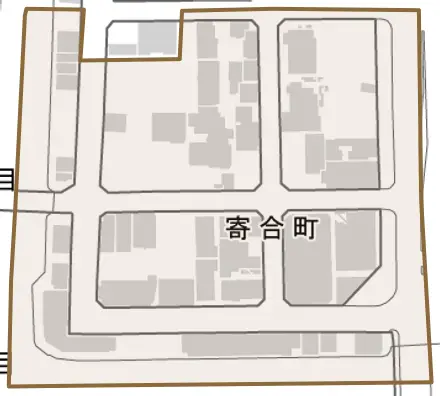 寄合町とその周辺の地図。町の範囲を重ねている