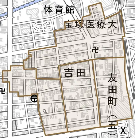 吉田とその周辺の地図。町の範囲を重ねている