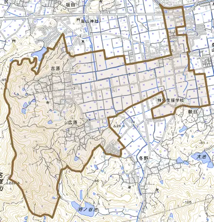 吉原とその周辺の地図。町の範囲を重ねている