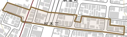 材木丁とその周辺の地図。町の範囲を重ねている
