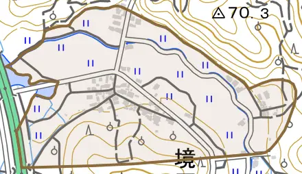 頭陀寺とその周辺の地図。町の範囲を重ねている