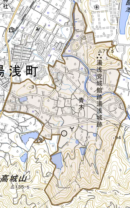 大字青木とその周辺の地図。町の範囲を重ねている