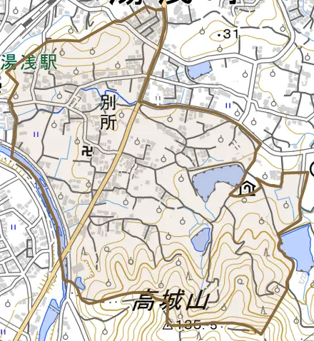 大字別所とその周辺の地図。町の範囲を重ねている