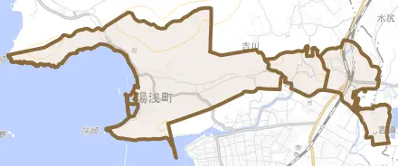 大字栖原とその周辺の地図。町の範囲を重ねている