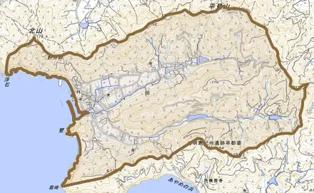 大字田とその周辺の地図。町の範囲を重ねている