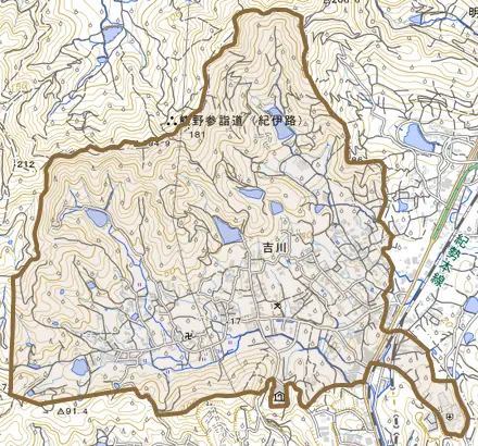 大字吉川とその周辺の地図。町の範囲を重ねている