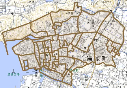 大字湯浅とその周辺の地図。町の範囲を重ねている