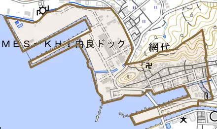 大字網代とその周辺の地図。町の範囲を重ねている
