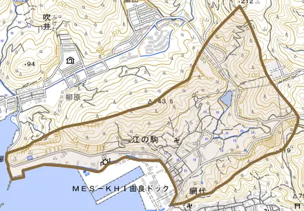 大字江ノ駒とその周辺の地図。町の範囲を重ねている