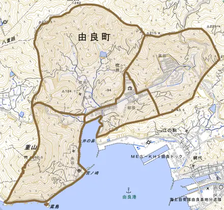 大字吹井とその周辺の地図。町の範囲を重ねている
