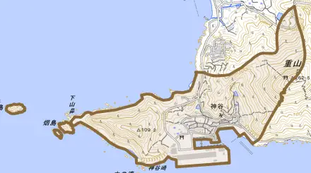大字神谷とその周辺の地図。町の範囲を重ねている