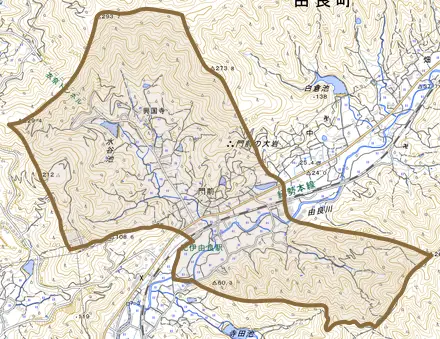 大字門前とその周辺の地図。町の範囲を重ねている