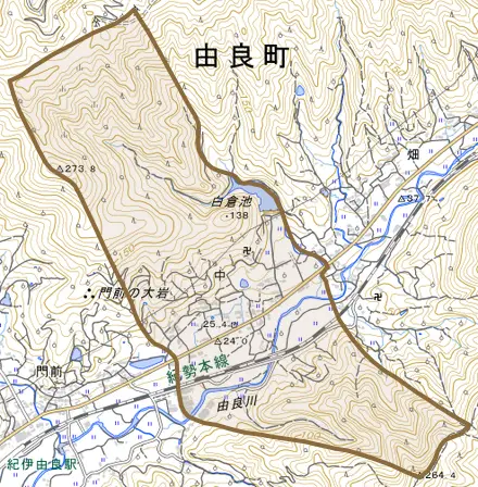 大字中とその周辺の地図。町の範囲を重ねている