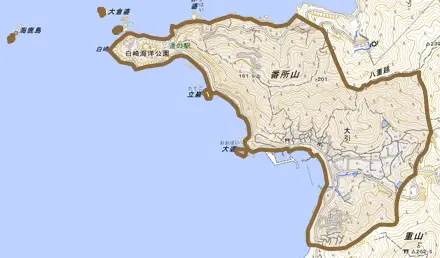 大字大引とその周辺の地図。町の範囲を重ねている