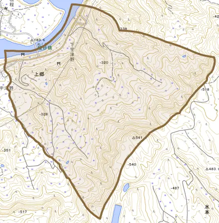 大字上郷とその周辺の地図。町の範囲を重ねている