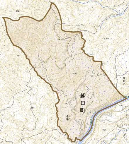 大字今平とその周辺の地図。町の範囲を重ねている