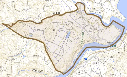 大字松程とその周辺の地図。町の範囲を重ねている