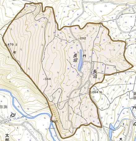 大字長沼とその周辺の地図。町の範囲を重ねている