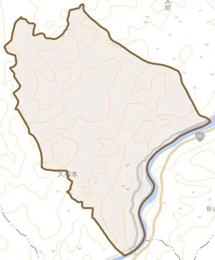 大字大船木とその周辺の地図。町の範囲を重ねている