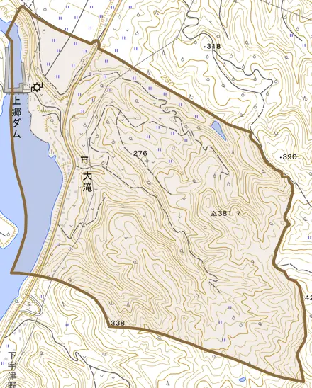 大字大滝とその周辺の地図。町の範囲を重ねている