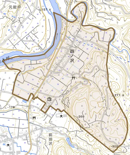 大字四ノ沢とその周辺の地図。町の範囲を重ねている