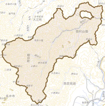 大字立木とその周辺の地図。町の範囲を重ねている
