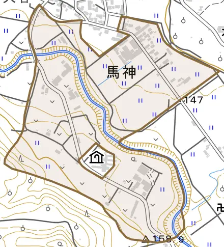大字馬神とその周辺の地図。町の範囲を重ねている