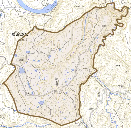 大字和合平とその周辺の地図。町の範囲を重ねている