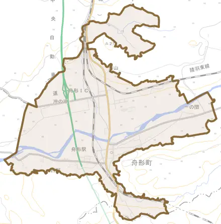 舟形とその周辺の地図。町の範囲を重ねている