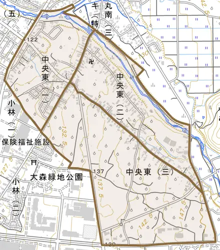 中央東とその周辺の地図。町の範囲を重ねている