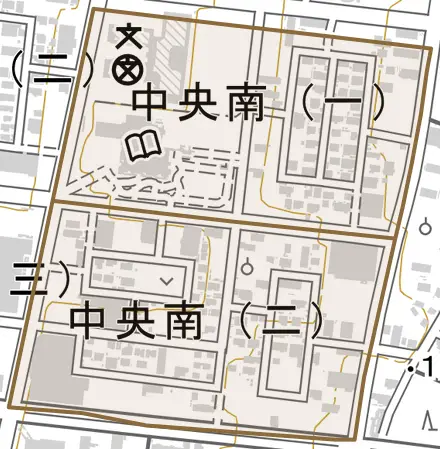 中央南とその周辺の地図。町の範囲を重ねている