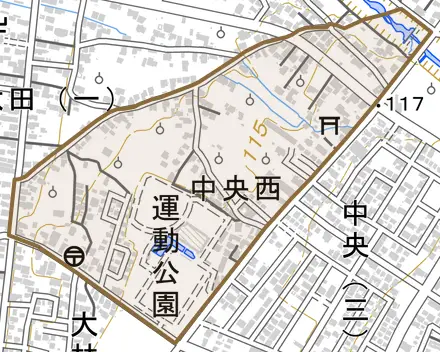 中央西とその周辺の地図。町の範囲を重ねている