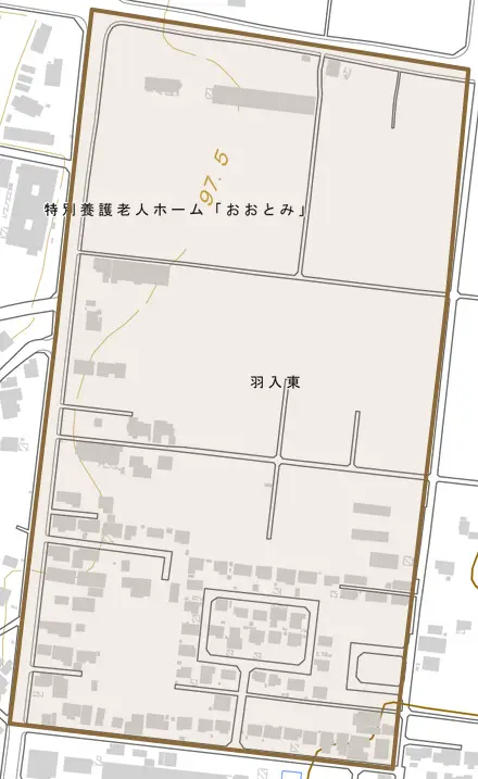 羽入東とその周辺の地図。町の範囲を重ねている