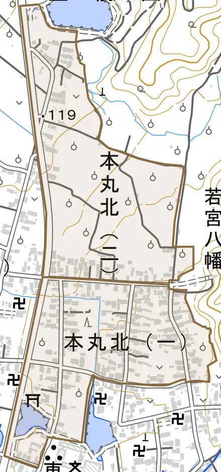 本丸北とその周辺の地図。町の範囲を重ねている